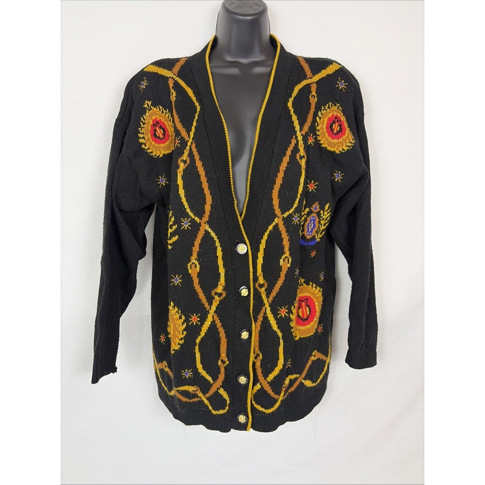 Norton McNaughton Vintage 90s Black Gold Crest Cardigan Sweater Womens Medium